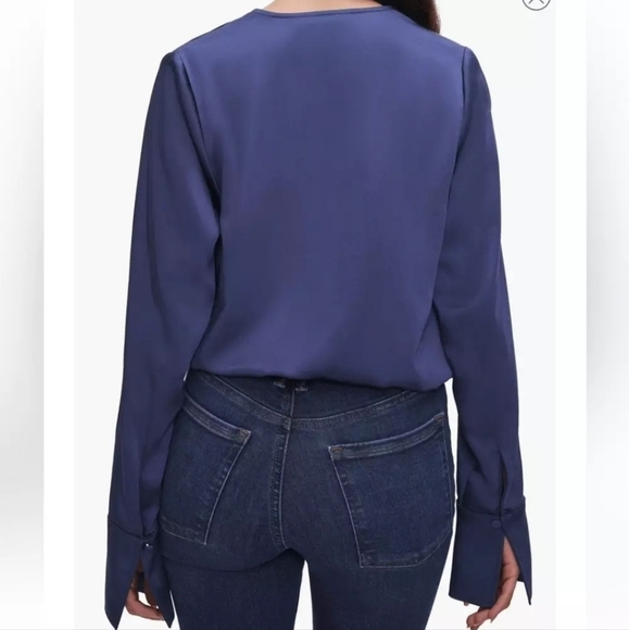 Good American Long Sleeve Stretch Satin Faux Wrap Top Womens XS Navy Blue French - Picture 10 of 16